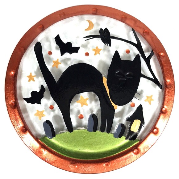 Large Halloween Black Cat Glass Platter Plate Artist Fused Painted Glass 14" EUC - Picture 9 of 10